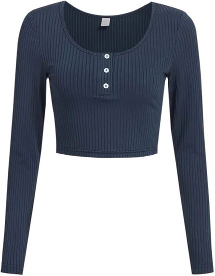 Women's Ribbed Half-Button Scoop Neck Long Sleeve Crop Top