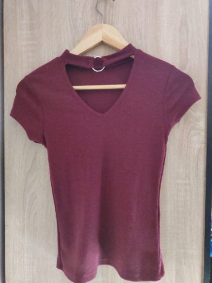 Red Top T Shirt Dark Red Tshirt Casual Korean Woman T Shirt Clothes Ladies Top Slim Revealing Short Top Solid Color Tops V Collar Tops Woman Tops Short Sleeved Top
